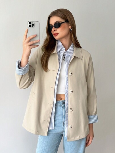 Flirla Chaqueta holgada de longitud media con patchwork y rayas para mujer