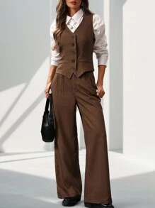 SHEIN X Angie Costa Chiquease Women's Solid Color V-Neck Single-Breasted Vest And Pants Casual Suit, Spring Summer - Brown - View 3