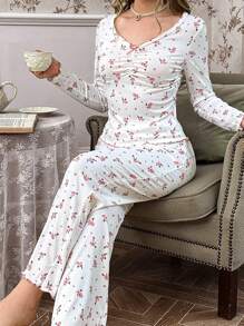 CottageSlumber Ditsy Floral V-Neck Ruffle Splice Long Sleeve Top & Pants Pajama Set Holiday Season Bountiful Floral Splendor, Fall Winter Clothes Cozy And Elegant Details - Pink - View 4