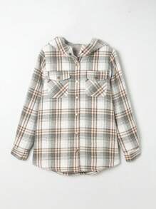 ASVIVID Plaid Print Flap Pocket Hooded Coat - Grey - View 5