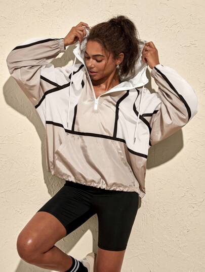 VARSITIE 撞色抽绳拉链前连帽宽松休闲女士户外夹克