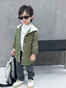 SHEIN 1pc Young Boys' Casual Long Sleeve Hooded Mid-Length Trench Coat, Suitable For Daily Wear, Breathable, Outdoor, Commuting, School, Autumn/Winter