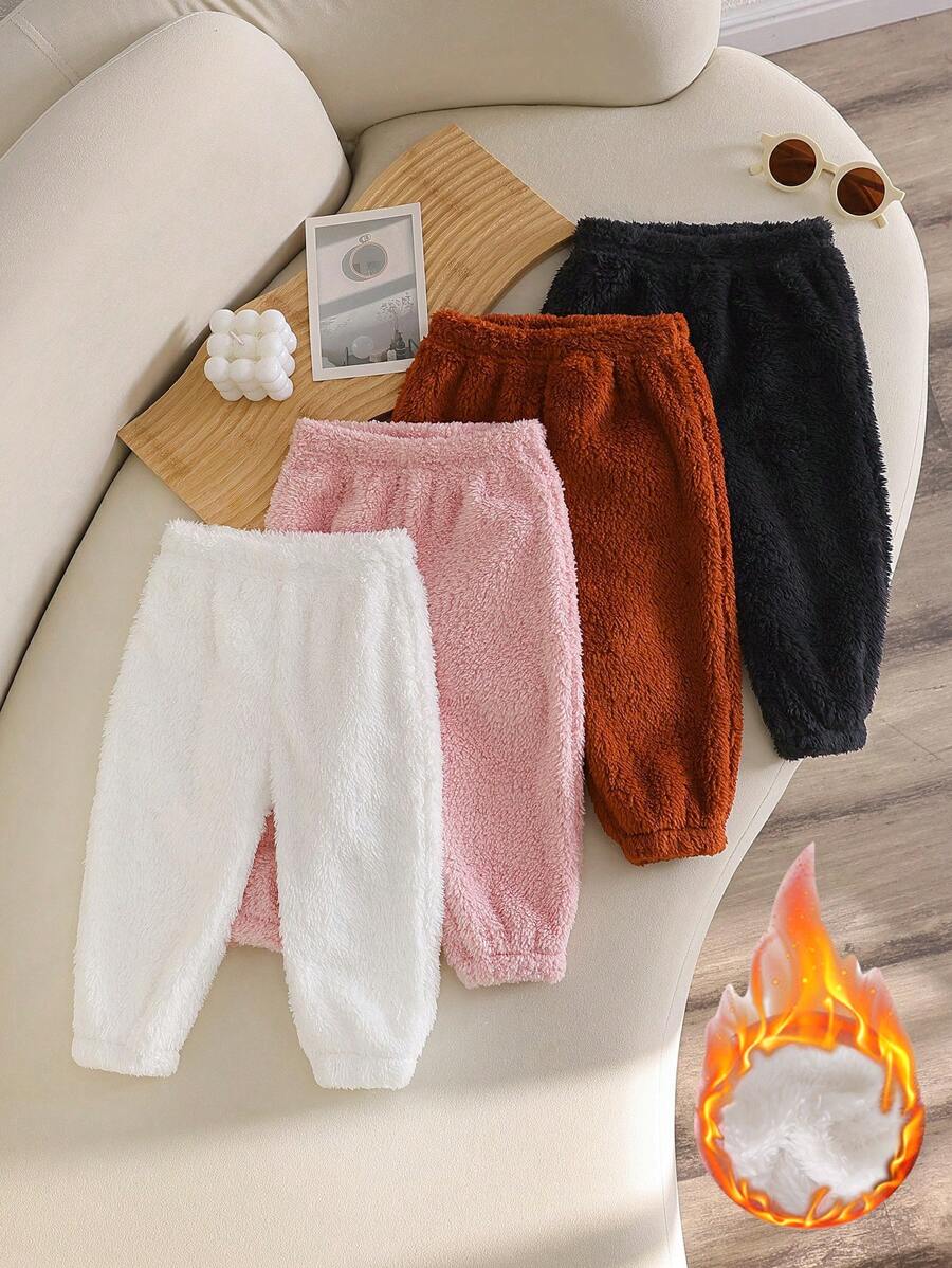 4pcs Baby Girls' Solid Color Warm Pants, Suitable For Outdoor Wear