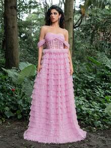 Faeriesty Schulterfrei Kaskade Rüschen Mesh Kleid