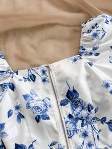 Soleia 女士休闲度假蓝白不对称下摆印花衬衫 - 藍白色 - 查看 5