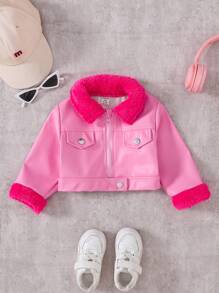 SHEIN 女宝宝冬季保暖毛绒领 PU 皮革短夹克，适合外出 - 玫紅色 - 查看 7