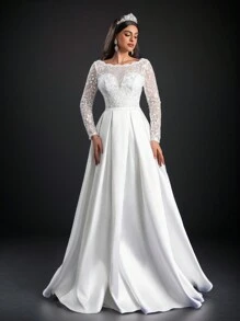 Glamrae Váy cưới dài tay ren và lưới mỏng bằng vải satin cổ thuyền lãng mạn, thanh lịch, lộng lẫy, màu trắng, có bèo nhún, hở lưng, thiết kế đuôi váy chữ A rộng cho váy cưới, váy cô dâu - trắng - Xem 3