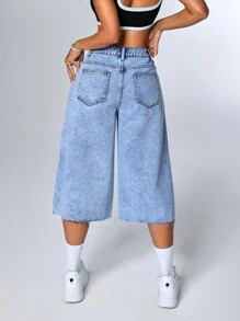 SHEIN EZwear Damen Loose Fit Jeans mit Taschen und weitem Bein, Caprihose für den Lässig-Stil - Blau - Übersicht 4