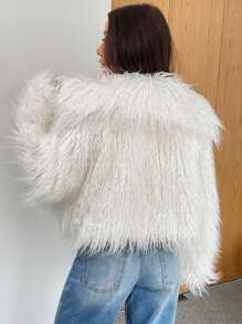 SHEIN EZwear Women's Winter Solid Color Long Sleeve Fluffy Coat - Beige - View 2