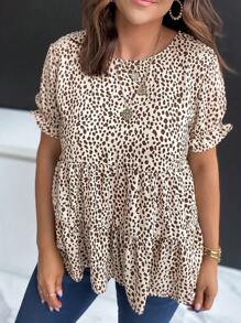 INAWLY Women's Casual Round Neck Short Sleeve Allover Print T-Shirt - Khaki - View 5