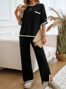 2pcs/Set Contrast Color Trim Round Neck Mid-Long Sleeve Pocket Casual Sweater And Pants Set