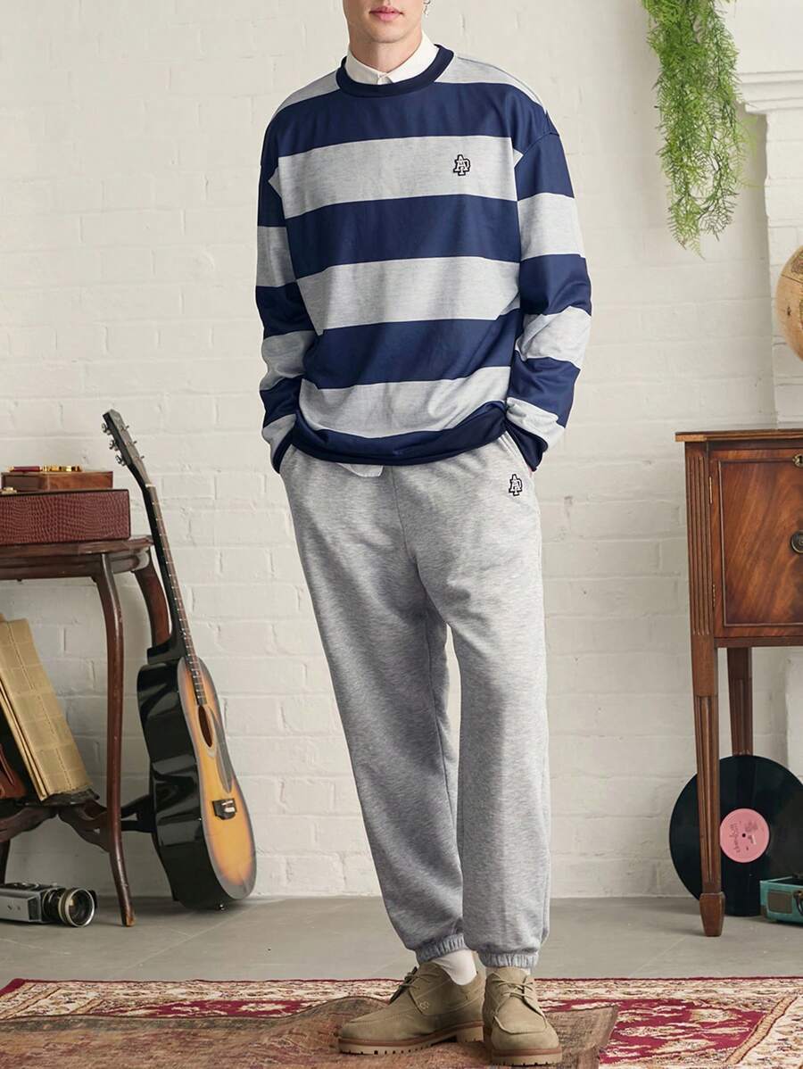 Manfinity VCAY Men's Digital Print Striped Loose Fit Crewneck Sweatshirt Set, For Fall Winter