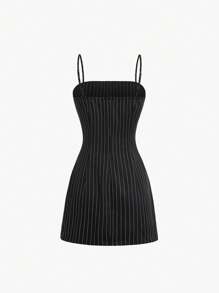 Sweetra 2 件套女士休闲条纹衬衫（翻领）和细肩带连衣裙套装 - 黑色 - 查看 4