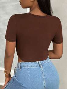 Slaydiva Street Casual Sexy Summer Portrait Abstract Body Pirnt Pattern Notch Collar Short Women's T-Shirt