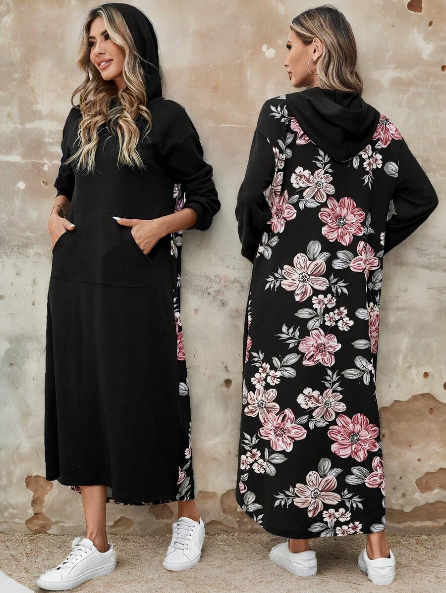 EMERY ROSE Women Floral Print Drop Shoulder Long Sleeve Pocket Hoodie Dress, Spring & Fall