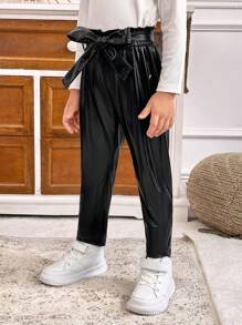 SHEIN 年轻女孩复古港风高腰直筒系带休闲皮裤（小码），2024年春季 - 黑色 - 查看 6