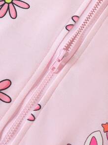 Cardigan com capuz e zíper com estampa de desenho animado de manga comprida para bebê menina com decoração de orelha de coelho 3D e laço, outono - Rosa - Ver 4