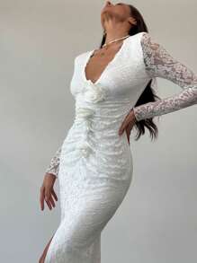 Aloruh New Arrival White Lace Sexy Deep V Floral 3D Decor Long Sleeve Elegant Cocktail Party Dress - White - View 5