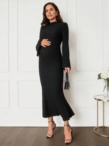 MaterniWear Đầm dự tiệc dài tay trumpet màu đen thanh lịch cho bà bầu, dự tiệc - màu đen - Xem 10