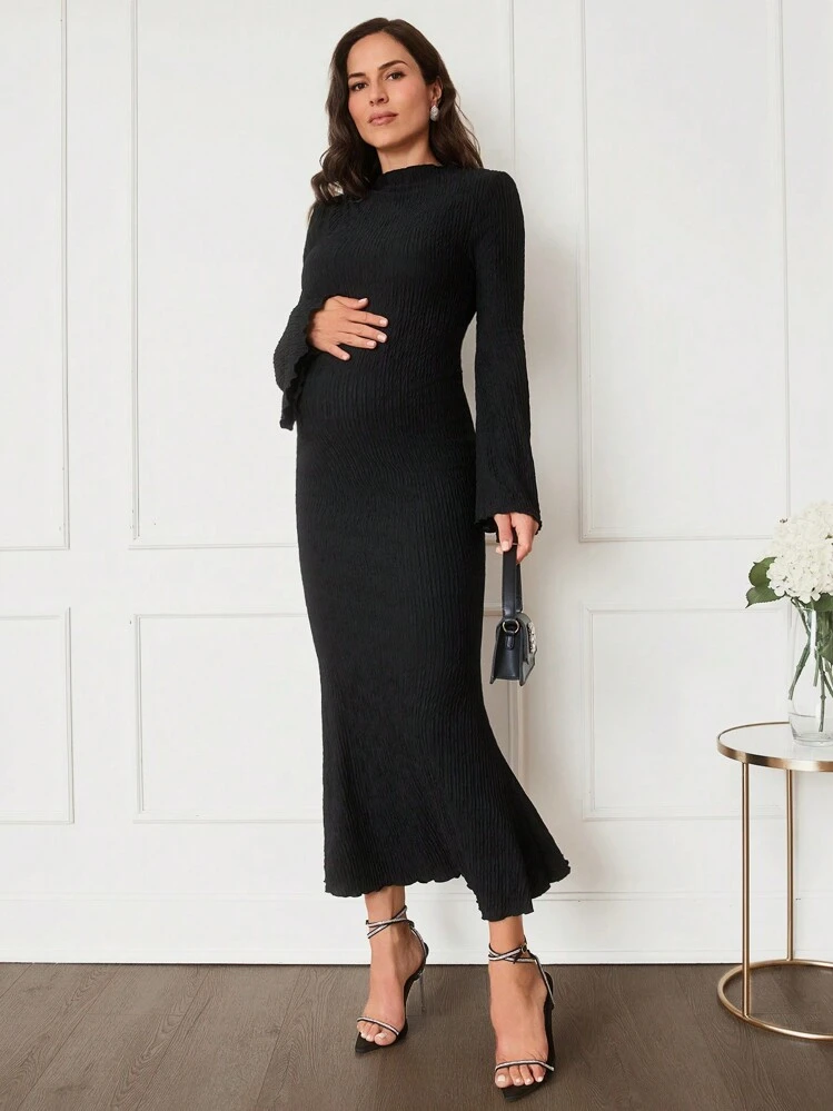 shein black maternity dress SHEIN Black Maternity Dress Clothes Comfortable Baby Shower Cinched Waist Short Sleeve Round Neck Flared Hem Knitted Fabric Casual Regular F,XL