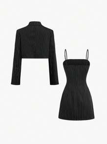 Sweetra 2 件套女士休闲条纹衬衫（翻领）和细肩带连衣裙套装 - 黑色 - 查看 2