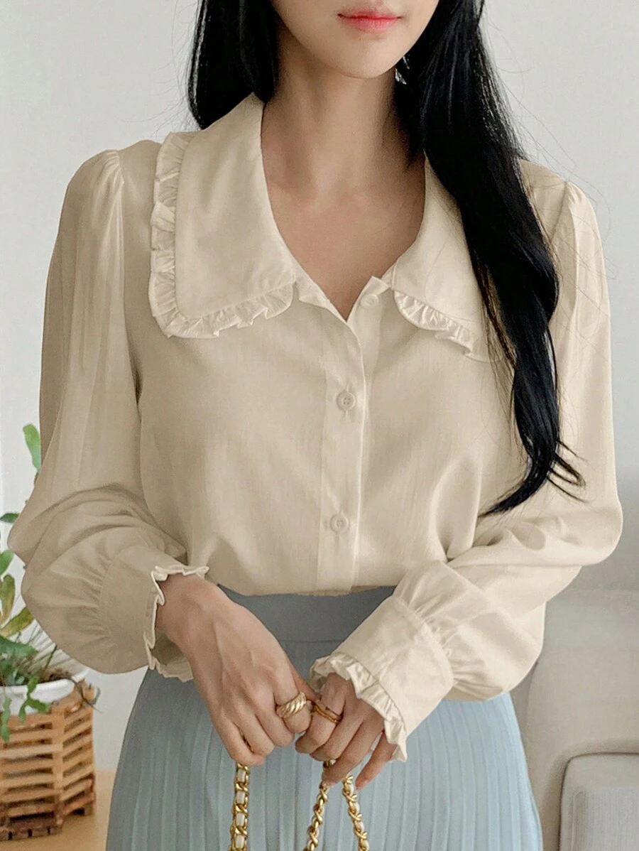 DAZY 宽松彼得潘领长袖女式衬衫夏季 - 米色 - 查看 1