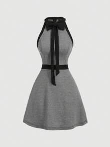 SHEIN MOD 圆领无袖蝴蝶结格子 A 字裙、文艺复兴裙、返校节短裙、半正式裙、复古格子裙、音乐会女装、优雅女裙、蝴蝶结裙、仙女服装裙、女士轻便裙 - 黑色 - 查看 1