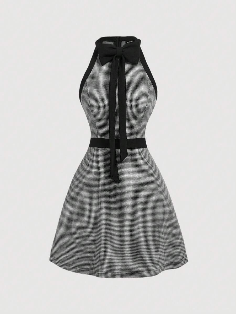 SHEIN MOD 圆领无袖蝴蝶结格子 A 字裙、文艺复兴裙、返校节短裙、半正式裙、复古格子裙、音乐会女装、优雅女裙、蝴蝶结裙、仙女服装裙、女士轻便裙 - 黑色 - 查看 1
