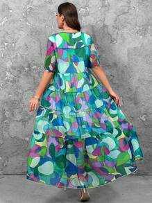 SHEIN LUNE 大码女式彩色印花圆领短袖连衣裙