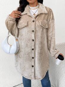 SHEIN Frenchy Áo khoác dệt kim họa tiết dài đến đầu gối cỡ lớn cho nữ - Màu be - Xem 1
