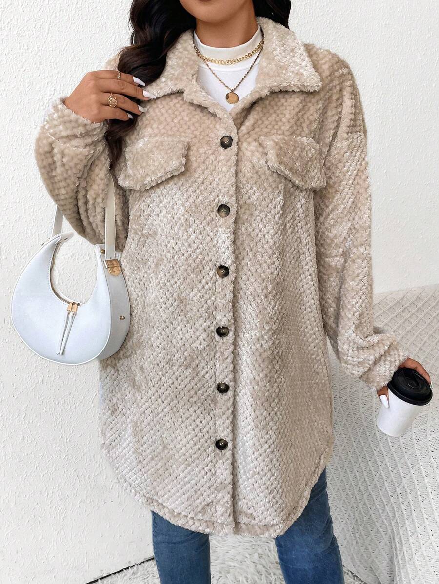 SHEIN Frenchy Áo khoác dệt kim họa tiết dài đến đầu gối cỡ lớn cho nữ - Màu be - Xem 1