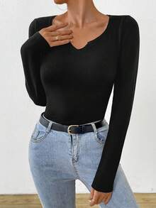 Chiquease 女士純色剪裁綁帶針織毛衣基礎款暢銷款 - 黑色 - 查看 3