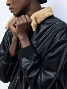 Maija 女士黑色人造皮革毛皮边饰拉链长袖飞行员夹克 - 黑色 - 查看 4