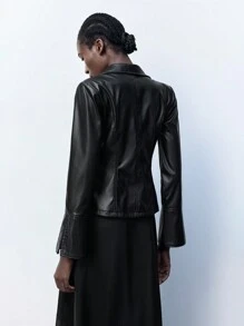 Maija Women's Black Solid Color Tie-Front PU Leather Jacket, Casual Daily Wear - Black - View 5