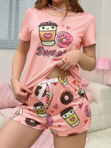 女士可爱字母和卡通印花圆领短袖 T 恤和短裤休闲套装 - 西瓜粉 - 查看 3