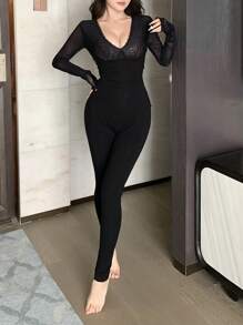 DAZY Lace Contrast Mesh Fitted Pajama Set - Black - View 7