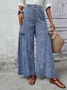 SHEIN LUNE Women Solid Color Simple Daily Jeans - Blue - View 6