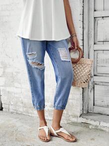 SHEIN LUNE 女士破洞口袋锥形休闲百搭牛仔裤 - 藍色 - 查看 5