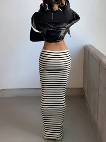 SHEIN Women's Slim-Fit Summer Striped Skirt Fall Cloth For Women - White - View 2