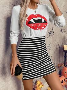 SHEIN LUNE 万圣节红唇印花 + 条纹拼布女士紧身连衣裙