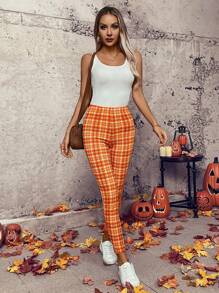 EMERY ROSE Halloween Pumpkin Plaid Pattern Women Long Pants - Orange - View 6