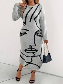 Calvaya Plus Size Women Fashion Abstract Intarsia Knitted Sweater Dress - Multicolor - View 3