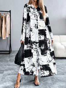 EMERY ROSE 女士时尚扎染印花衬衫裙，春秋季长款女装长衬衫裙长款休闲连衣裙女士长袖连衣裙 - 黑與白 - 查看 6