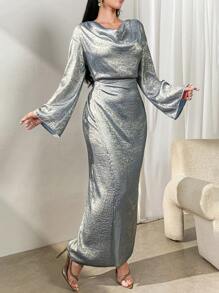 Al Najma 女式长袖修身优雅垂坠领阿拉伯风格连衣裙全长全罩式连衣裙，适合日常休闲/工作/度假/晚会/婚礼宾客 - 藍色 - 查看 2