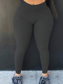 Plus Size Solid Color Waist Cinched Casual Leggings, Everyday Wear Spring - Dark Grey - View 1