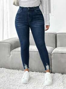 SHEIN ICON Plus Size Distressed Denim Jeans With Cat Whisker Details - Dark Wash - View 7