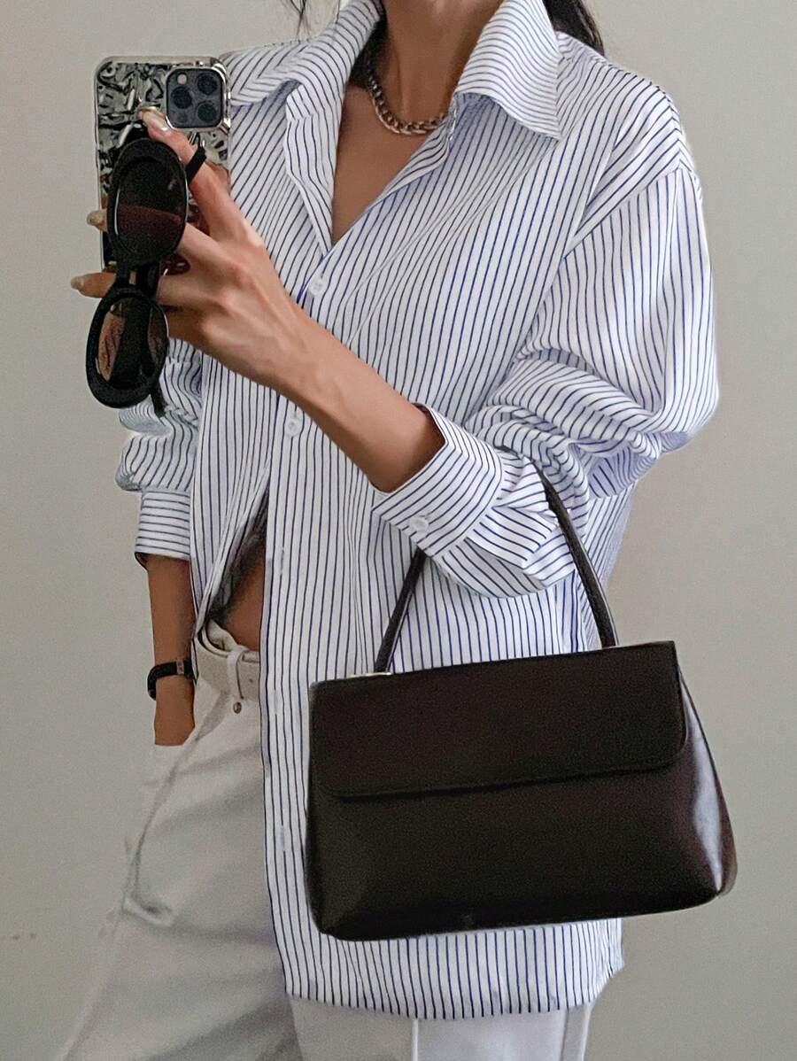 DAZY Striped Collared Loose Long Sleeve Button-Down Shirt For Women - Blue - View 1