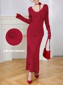 EastFlair 秋冬女士红色 3D 花卉点缀优雅派对圣诞毛衣连衣裙、节日装扮、圣诞礼物指南、派对季节装扮 - 紅色 - 查看 3