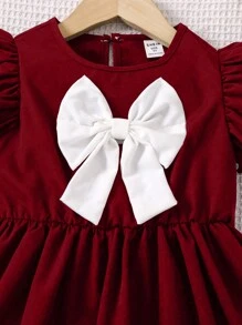 SHEIN New Arrival Young Girl Burgundy Casual Dress With White Bow, White Ruffle Trim Sleeves, Comfortable And Fashionable For School, Christmas, Back To School Season