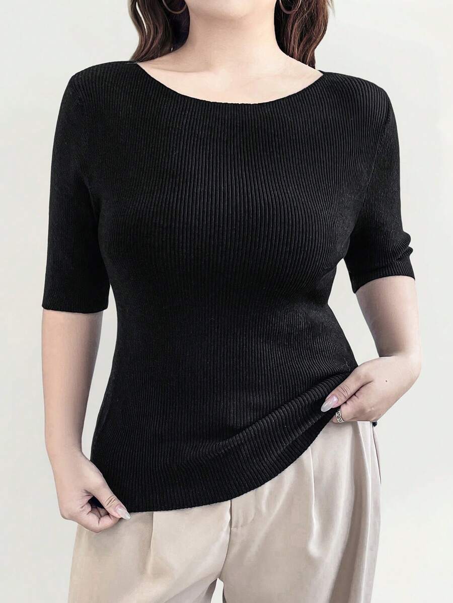 Flirla 大码纯色圆领短袖简约针织上衣，休闲日常穿着 - 黑色 - 查看 1